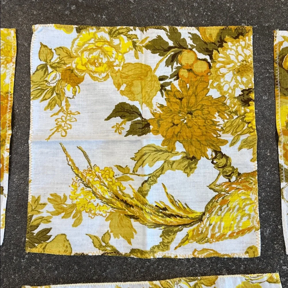 Vintage set of 10 asst size’s floral gold / yellow napkins handmade zig zag hems